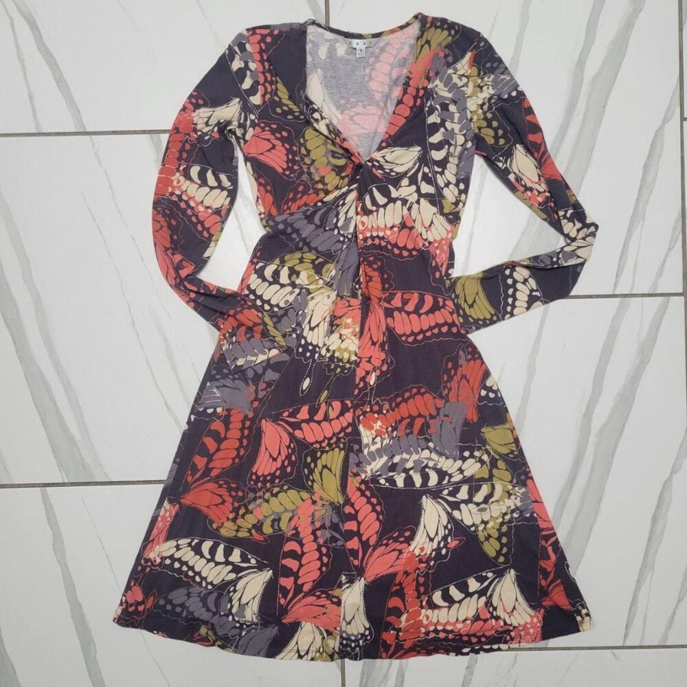 Butterfly Print Long Sleeve Fit & Flare Mini Dress Boho Women's Small
